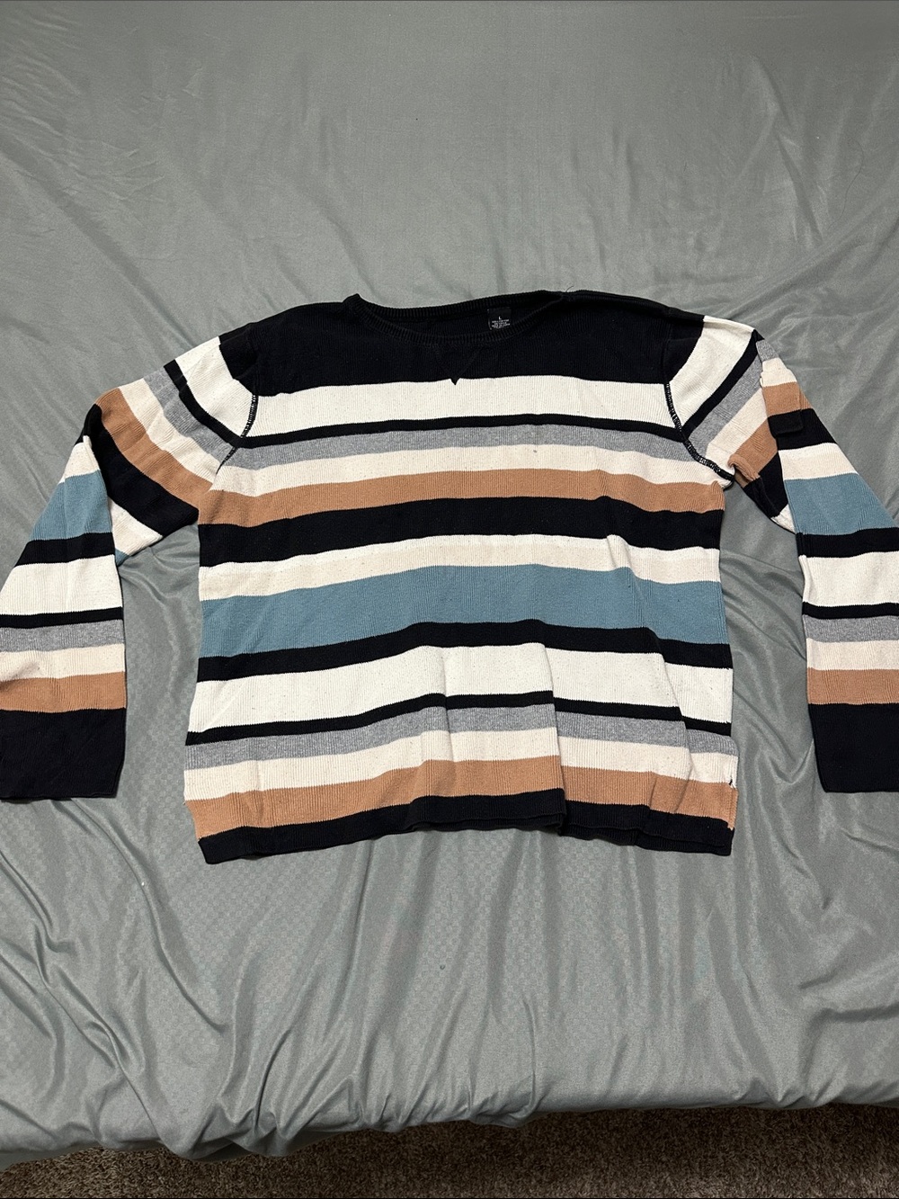 Striped Crewneck Sweater in Black, White, Blue & Tan MINOR STAINING RIGHT SLEEVE